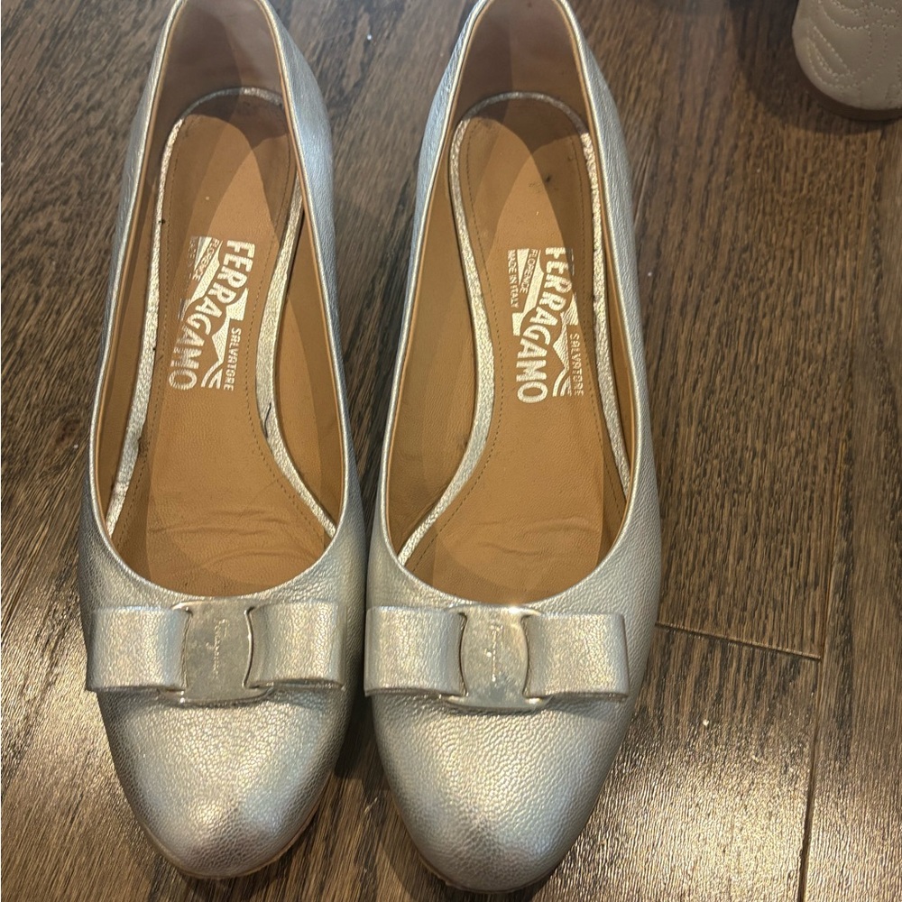 Salvatore Ferragamo Silver Flats with Bow Detail